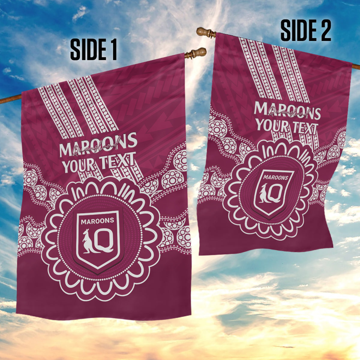 Custom QLD Maroons Rugby Garden Flag Aussie Aboriginal Mix Polynesian Pattern