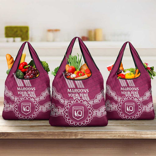Custom QLD Maroons Rugby Grocery Bag Aussie Aboriginal Mix Polynesian Pattern