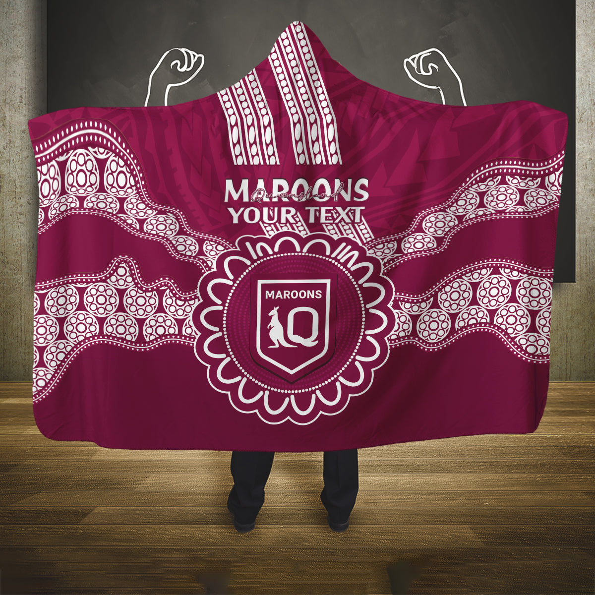 Custom QLD Maroons Rugby Hooded Blanket Aussie Aboriginal Mix Polynesian Pattern