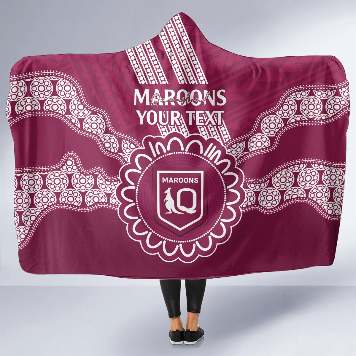 Custom QLD Maroons Rugby Hooded Blanket Aussie Aboriginal Mix Polynesian Pattern