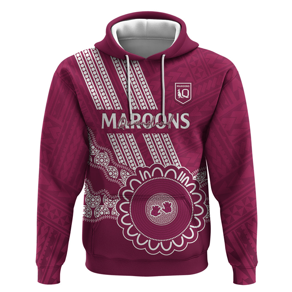 Custom QLD Maroons Rugby Hoodie Aussie Aboriginal Mix Polynesian Pattern