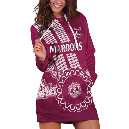 Custom QLD Maroons Rugby Hoodie Dress Aussie Aboriginal Mix Polynesian Pattern