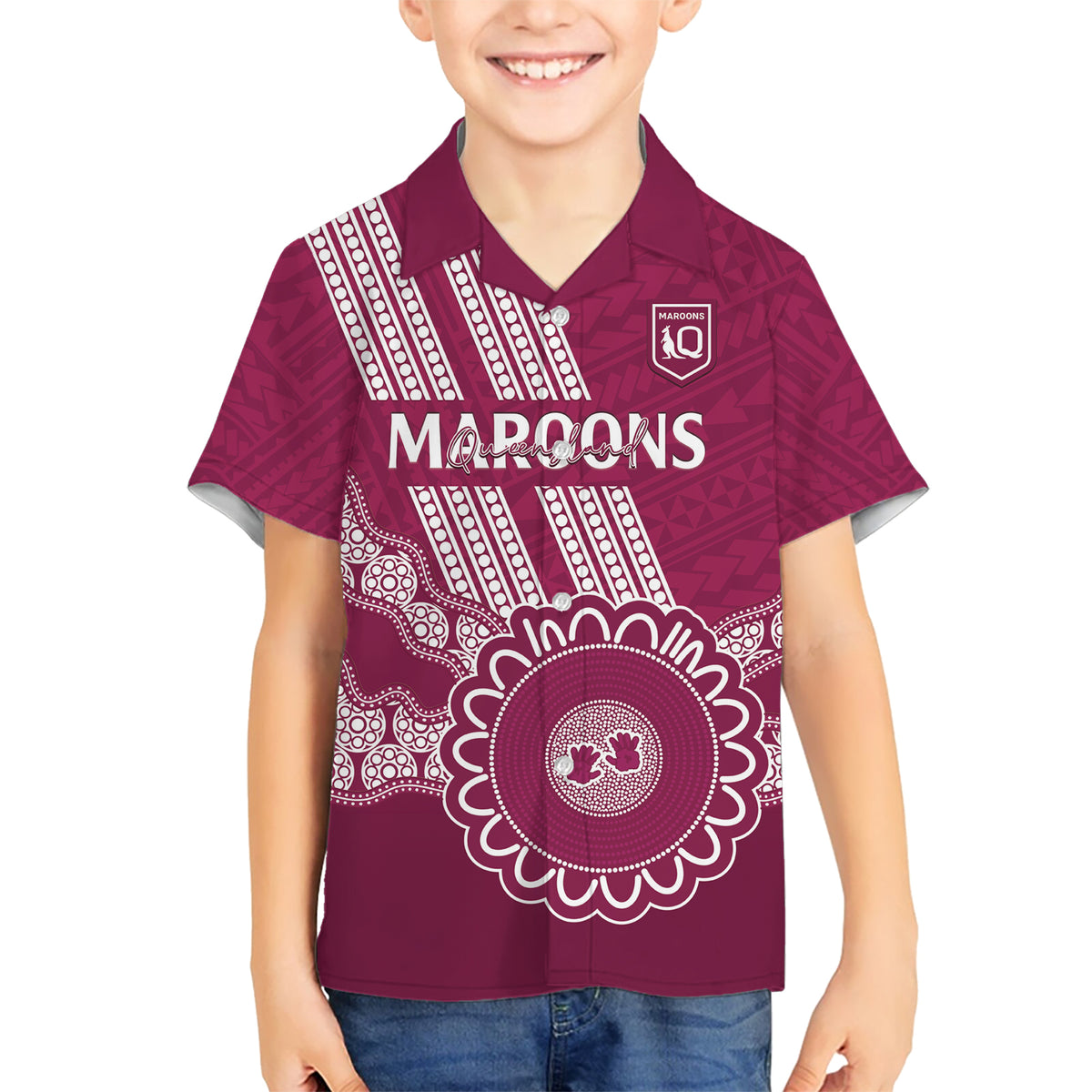 Custom QLD Maroons Rugby Kid Hawaiian Shirt Aussie Aboriginal Mix Polynesian Pattern
