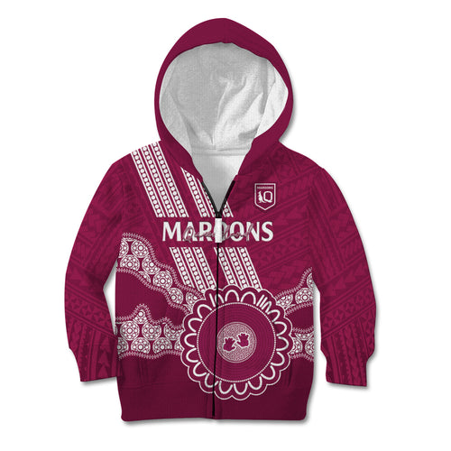 Custom QLD Maroons Rugby Kid Hoodie Aussie Aboriginal Mix Polynesian Pattern