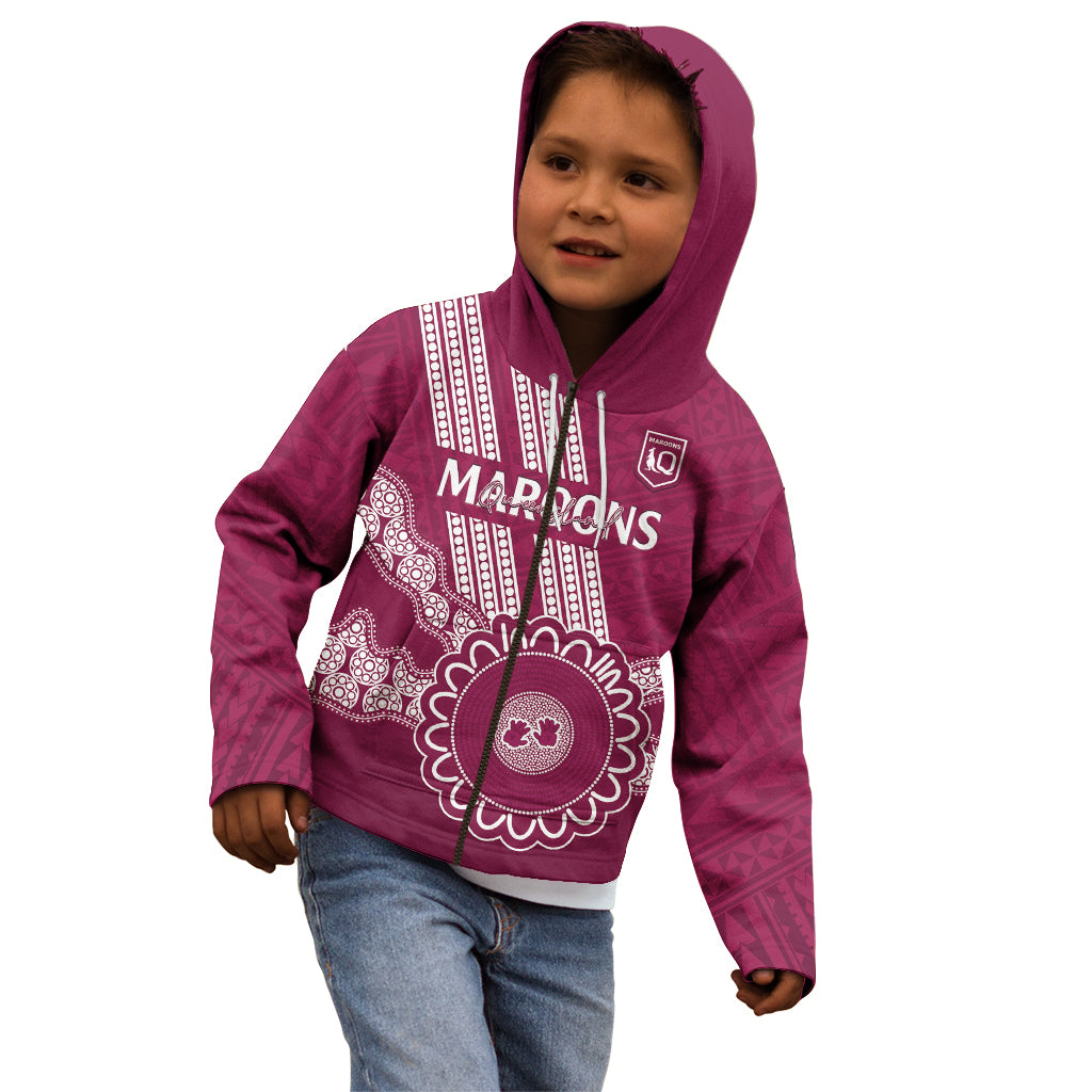 Custom QLD Maroons Rugby Kid Hoodie Aussie Aboriginal Mix Polynesian Pattern