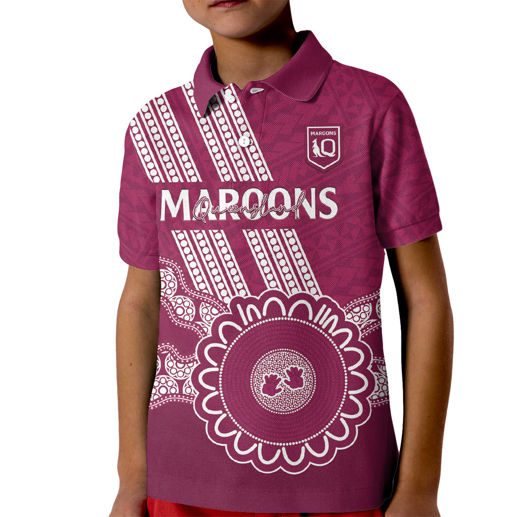 Custom QLD Maroons Rugby Kid Polo Shirt Aussie Aboriginal Mix Polynesian Pattern