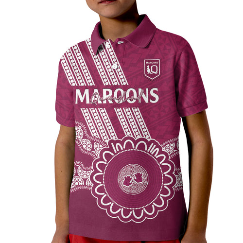 Custom QLD Maroons Rugby Kid Polo Shirt Aussie Aboriginal Mix Polynesian Pattern