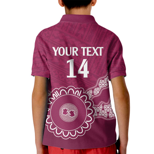 Custom QLD Maroons Rugby Kid Polo Shirt Aussie Aboriginal Mix Polynesian Pattern