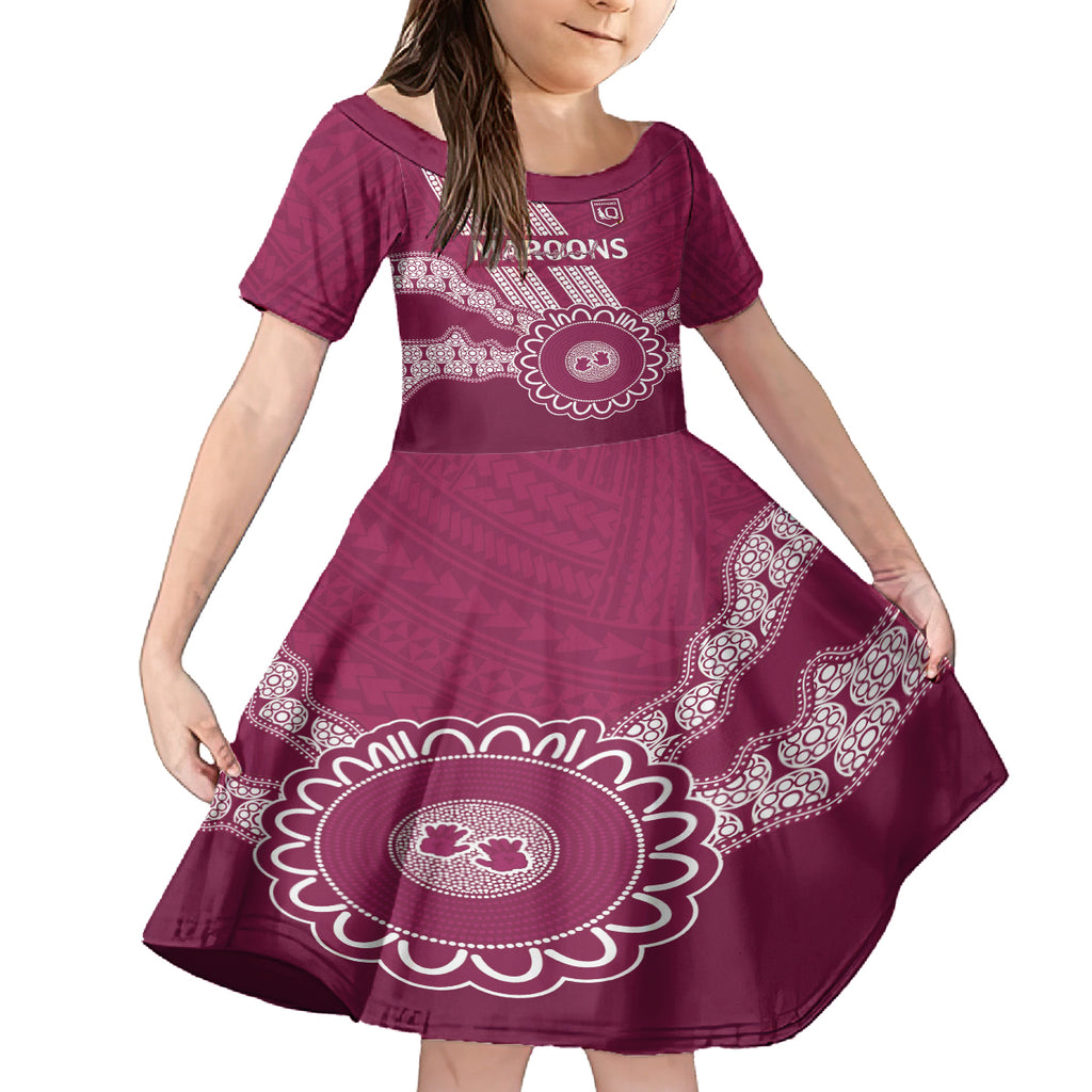 Custom QLD Maroons Rugby Kid Short Sleeve Dress Aussie Aboriginal Mix Polynesian Pattern