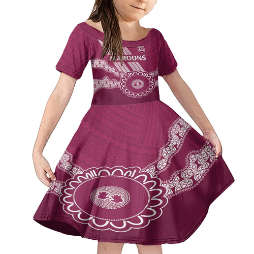 Custom QLD Maroons Rugby Kid Short Sleeve Dress Aussie Aboriginal Mix Polynesian Pattern
