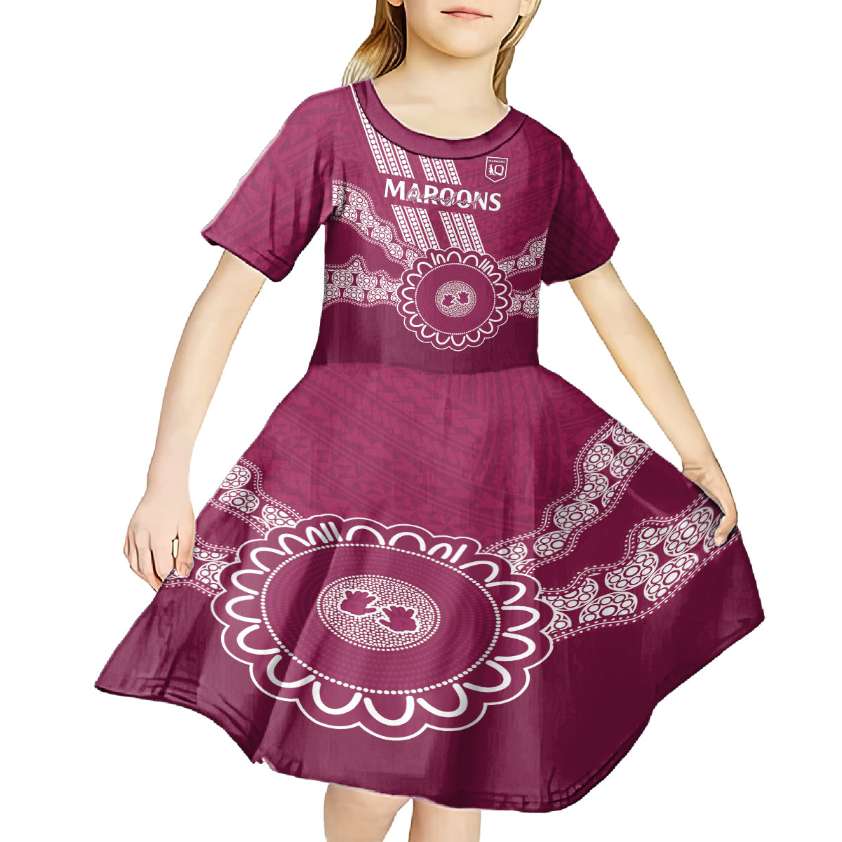 Custom QLD Maroons Rugby Kid Short Sleeve Dress Aussie Aboriginal Mix Polynesian Pattern