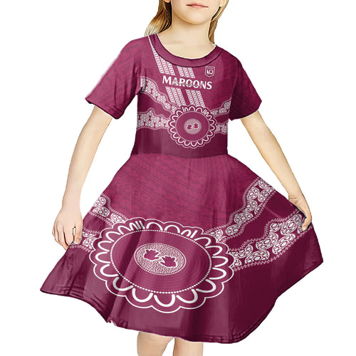 Custom QLD Maroons Rugby Kid Short Sleeve Dress Aussie Aboriginal Mix Polynesian Pattern