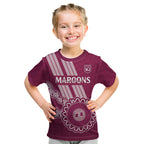 Custom QLD Maroons Rugby Kid T Shirt Aussie Aboriginal Mix Polynesian Pattern