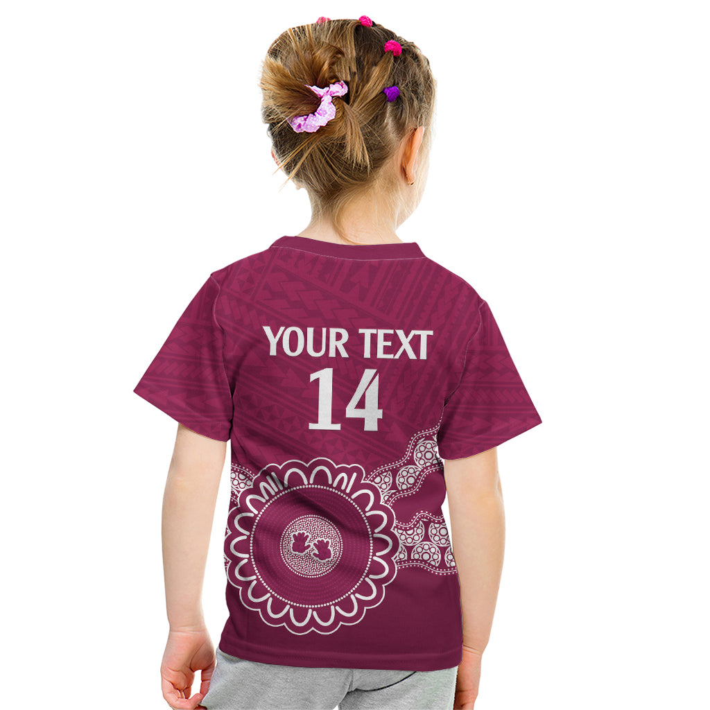 Custom QLD Maroons Rugby Kid T Shirt Aussie Aboriginal Mix Polynesian Pattern