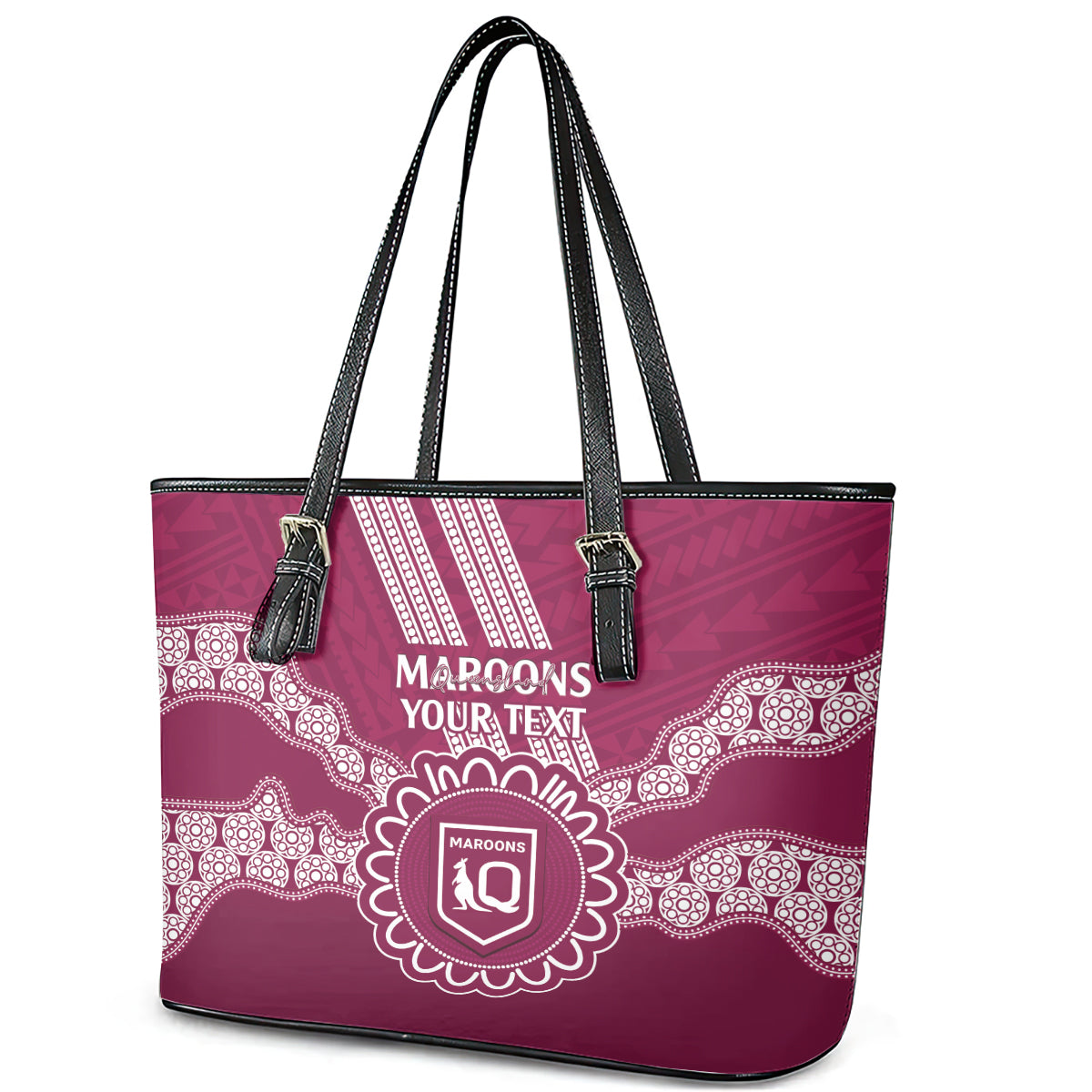 Custom QLD Maroons Rugby Leather Tote Bag Aussie Aboriginal Mix Polynesian Pattern