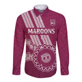 Custom QLD Maroons Rugby Long Sleeve Button Shirt Aussie Aboriginal Mix Polynesian Pattern