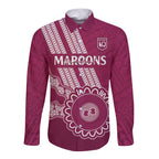 Custom QLD Maroons Rugby Long Sleeve Button Shirt Aussie Aboriginal Mix Polynesian Pattern