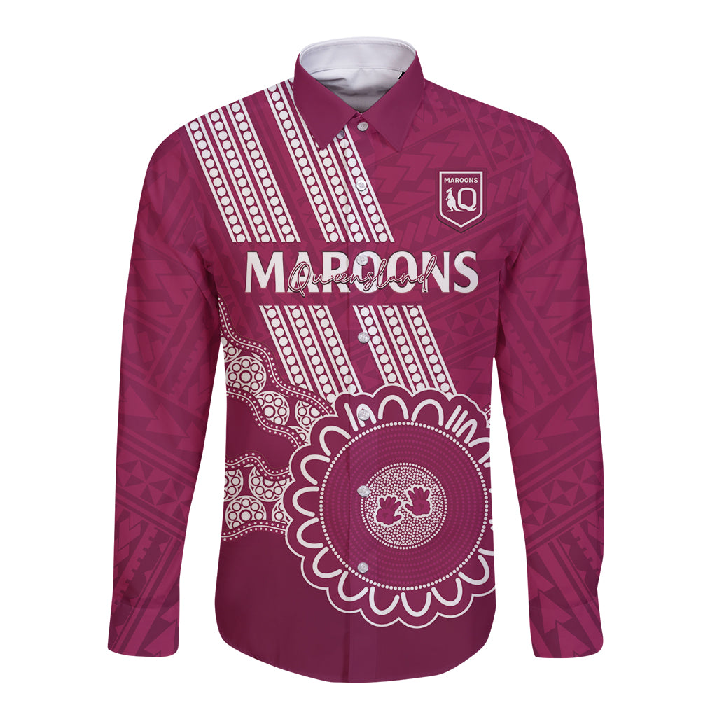 Custom QLD Maroons Rugby Long Sleeve Button Shirt Aussie Aboriginal Mix Polynesian Pattern