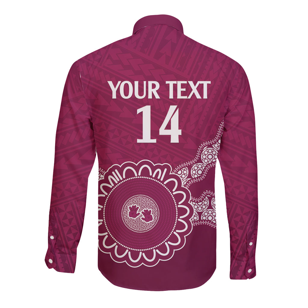 Custom QLD Maroons Rugby Long Sleeve Button Shirt Aussie Aboriginal Mix Polynesian Pattern