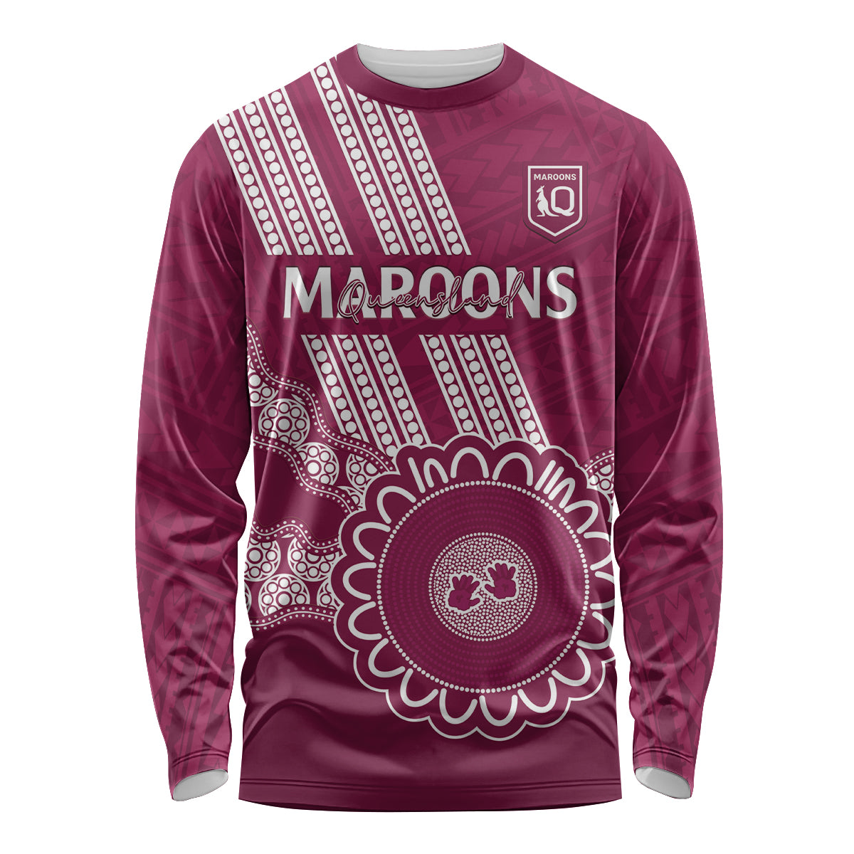 Custom QLD Maroons Rugby Long Sleeve Shirt Aussie Aboriginal Mix Polynesian Pattern