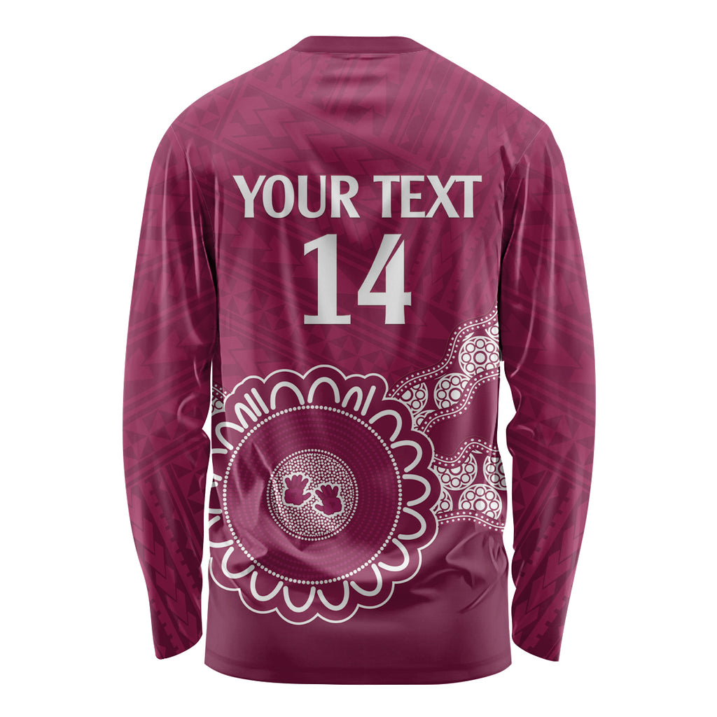 Custom QLD Maroons Rugby Long Sleeve Shirt Aussie Aboriginal Mix Polynesian Pattern
