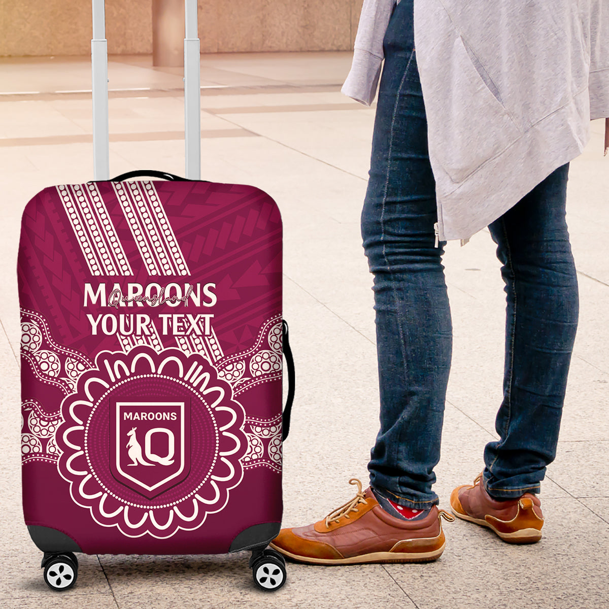 Custom QLD Maroons Rugby Luggage Cover Aussie Aboriginal Mix Polynesian Pattern
