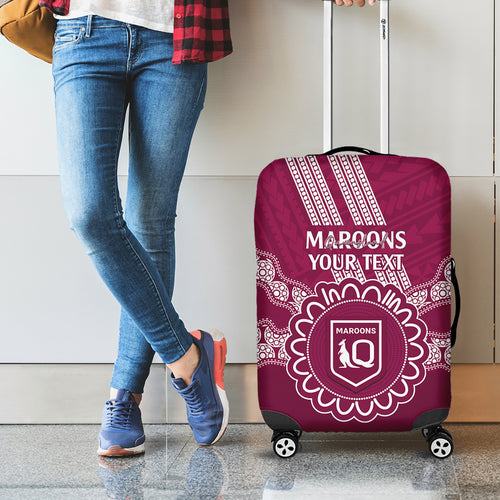 Custom QLD Maroons Rugby Luggage Cover Aussie Aboriginal Mix Polynesian Pattern