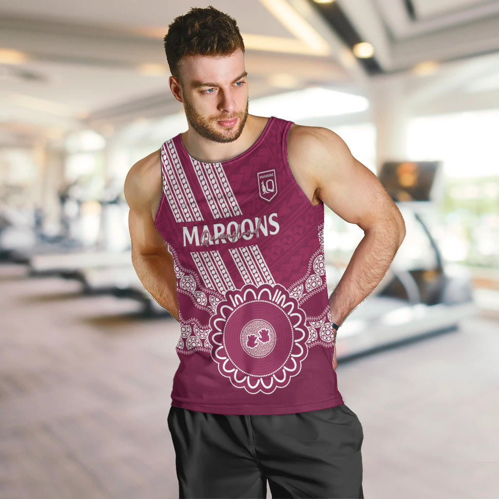 Custom QLD Maroons Rugby Men Tank Top Aussie Aboriginal Mix Polynesian Pattern