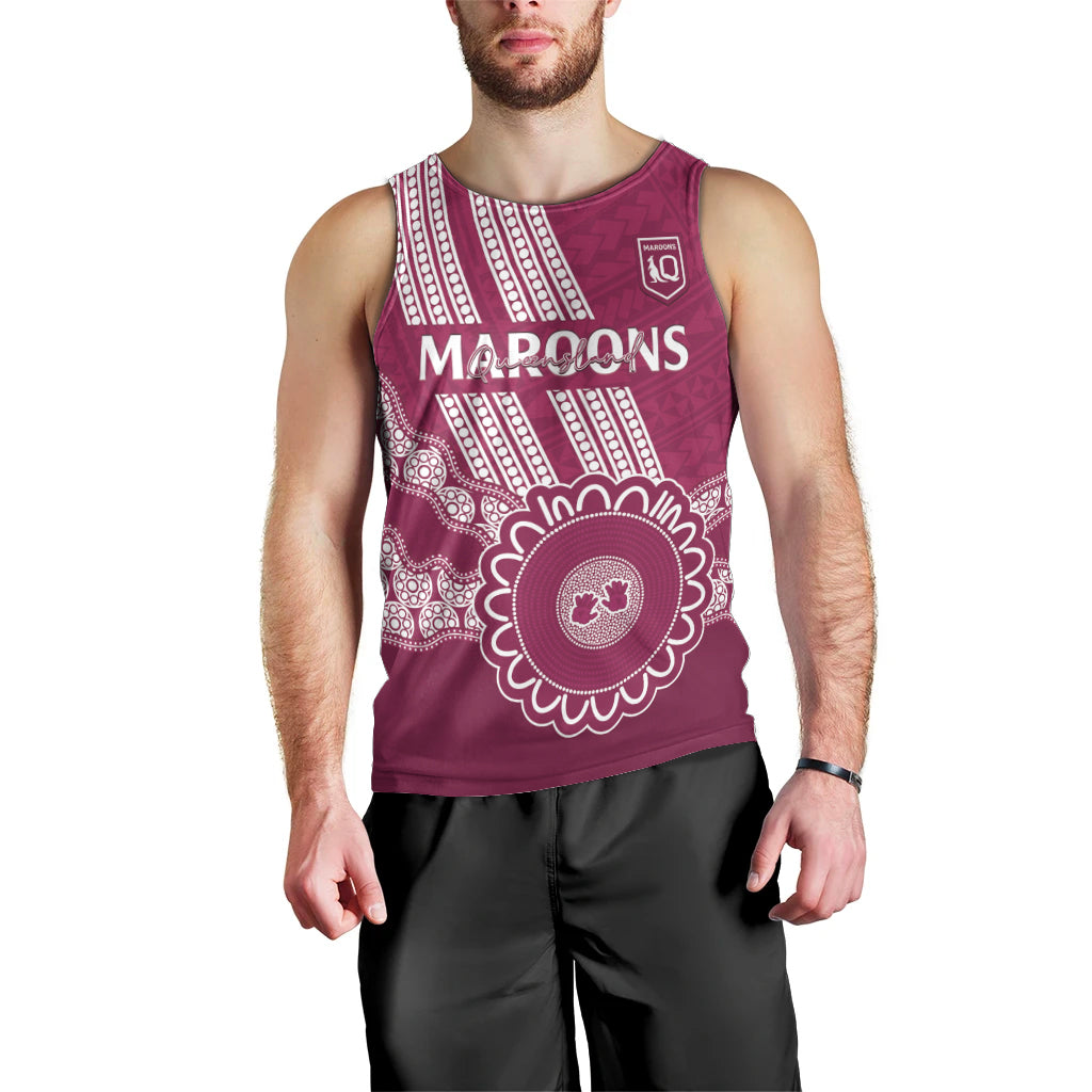Custom QLD Maroons Rugby Men Tank Top Aussie Aboriginal Mix Polynesian Pattern