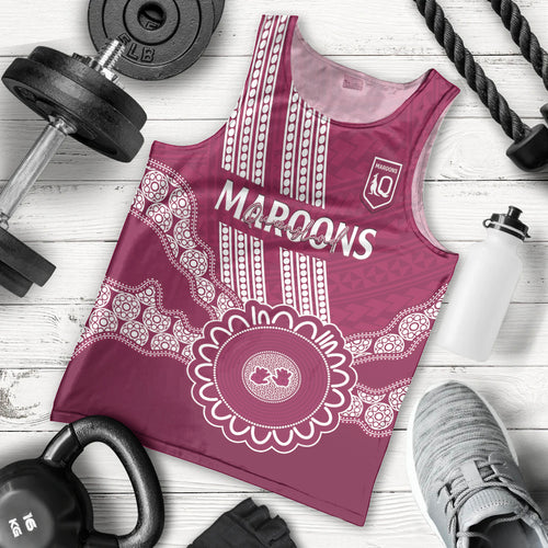 Custom QLD Maroons Rugby Men Tank Top Aussie Aboriginal Mix Polynesian Pattern