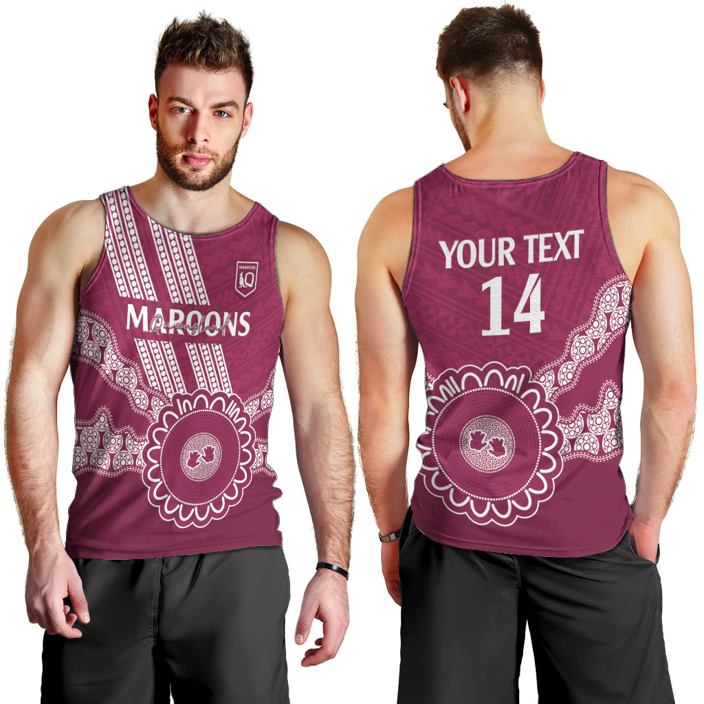 Custom QLD Maroons Rugby Men Tank Top Aussie Aboriginal Mix Polynesian Pattern