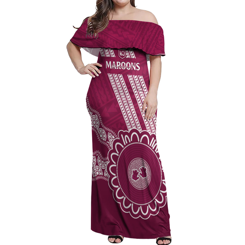 Custom QLD Maroons Rugby Off Shoulder Maxi Dress Aussie Aboriginal Mix Polynesian Pattern