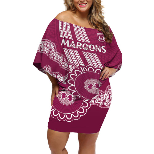Custom QLD Maroons Rugby Off Shoulder Short Dress Aussie Aboriginal Mix Polynesian Pattern