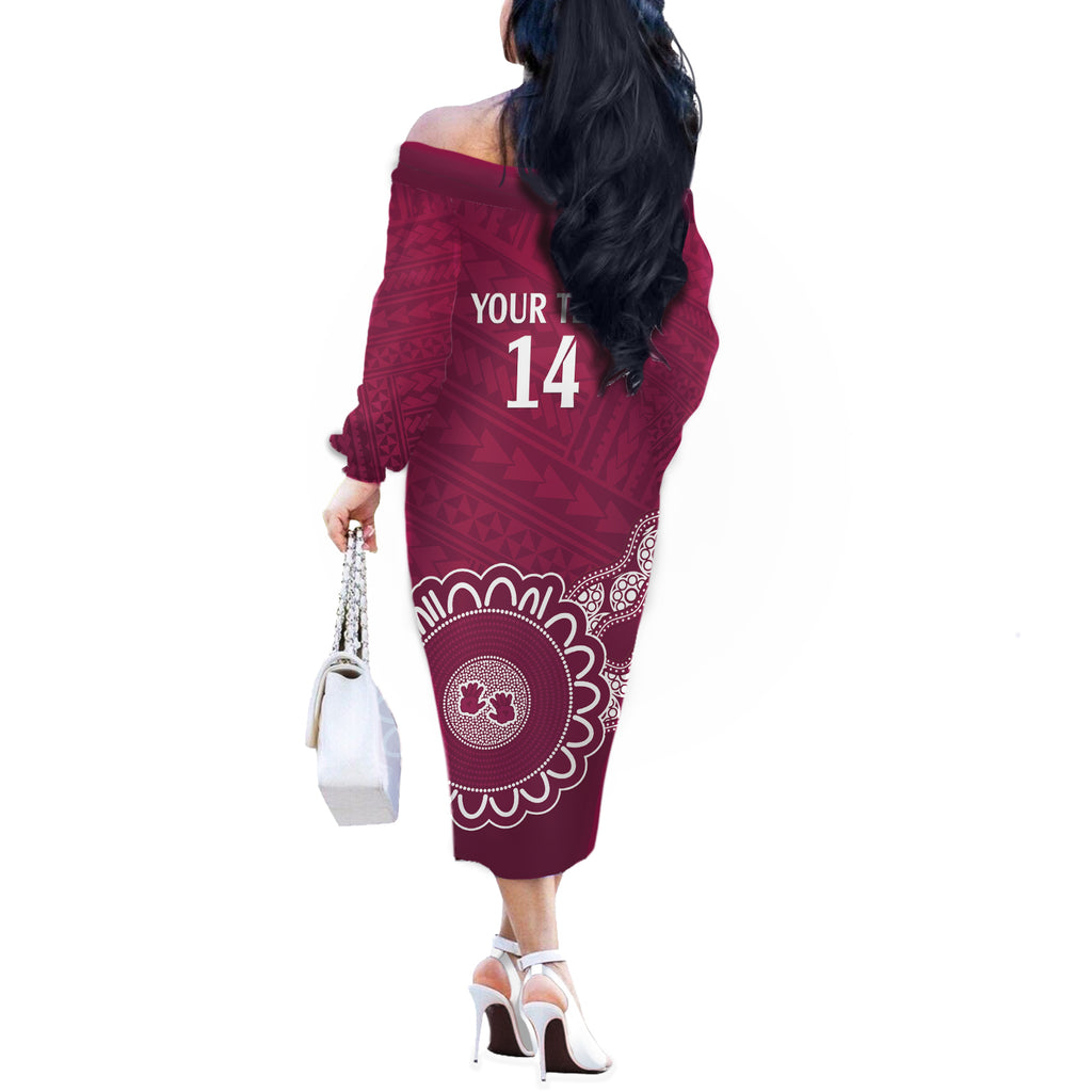Custom QLD Maroons Rugby Off The Shoulder Long Sleeve Dress Aussie Aboriginal Mix Polynesian Pattern
