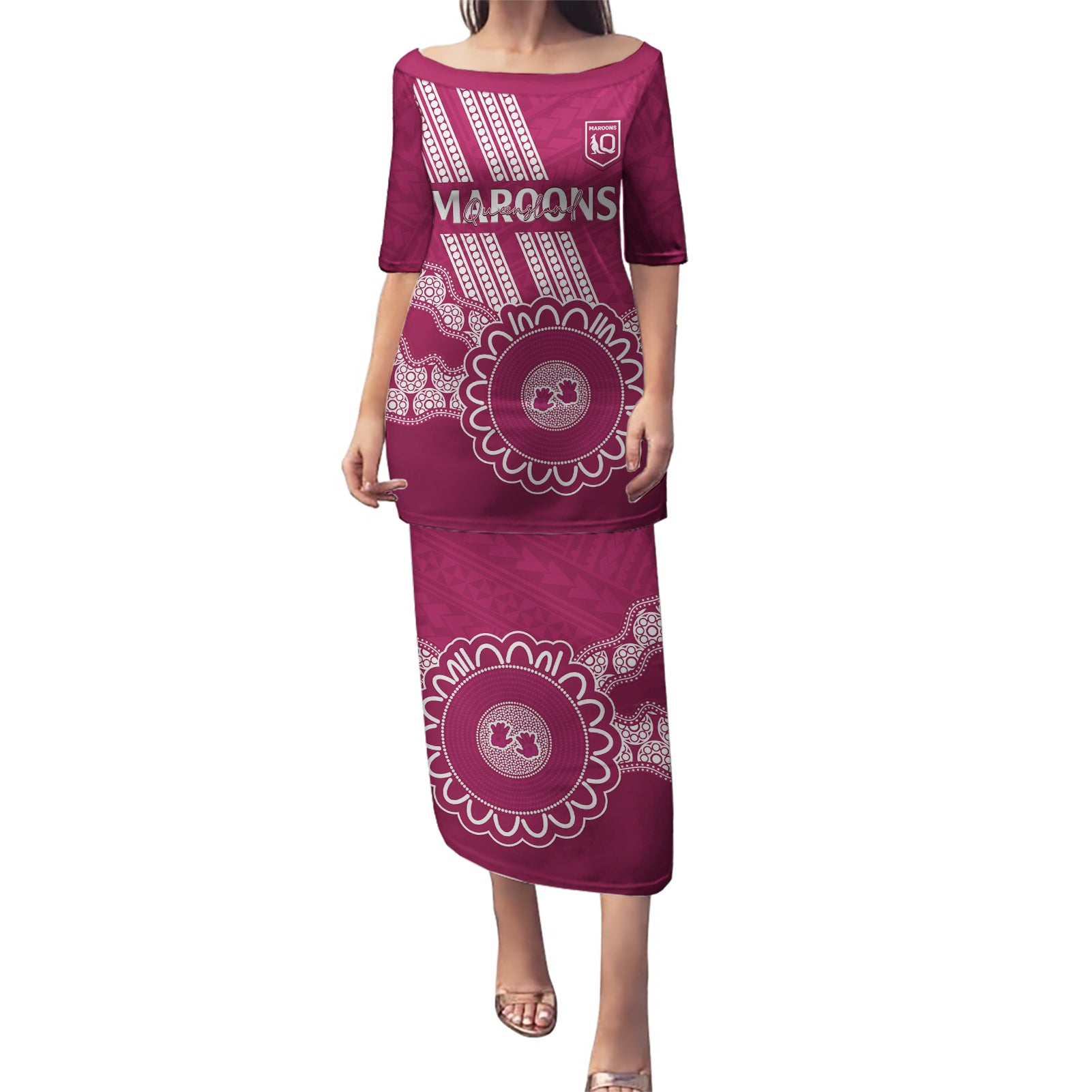 Custom QLD Maroons Rugby Puletasi Aussie Aboriginal Mix Polynesian Pattern