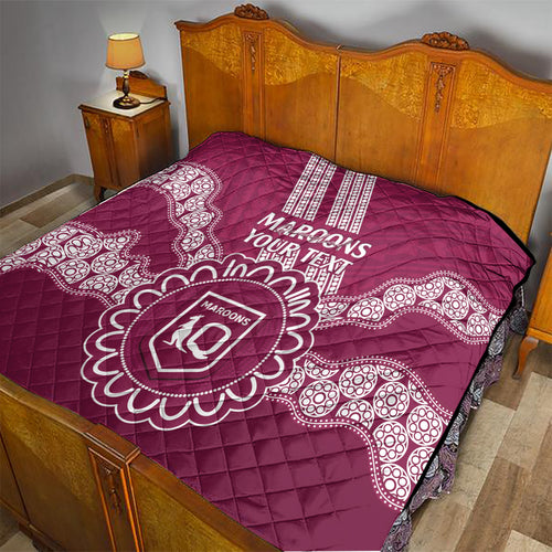 Custom QLD Maroons Rugby Quilt Aussie Aboriginal Mix Polynesian Pattern