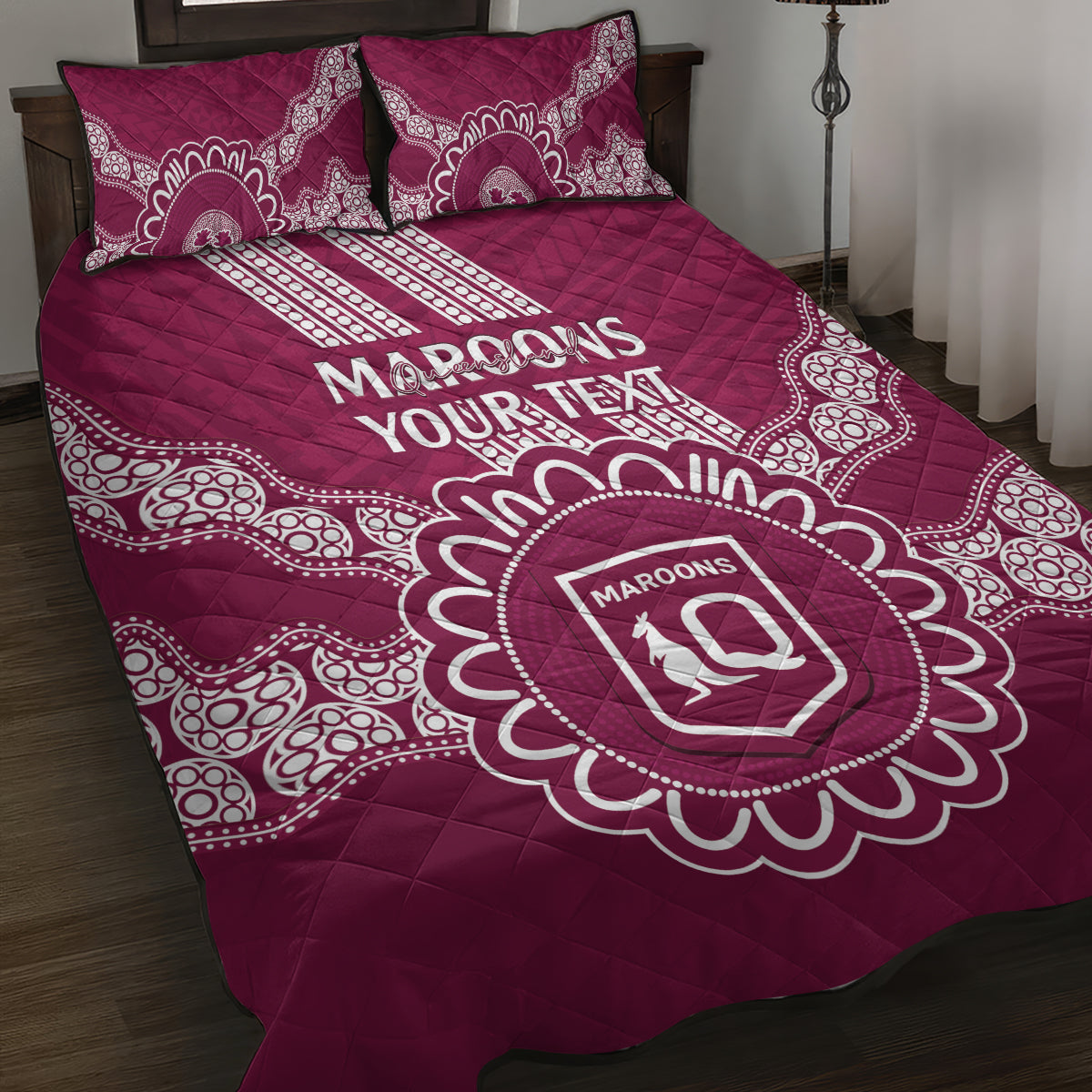 Custom QLD Maroons Rugby Quilt Bed Set Aussie Aboriginal Mix Polynesian Pattern
