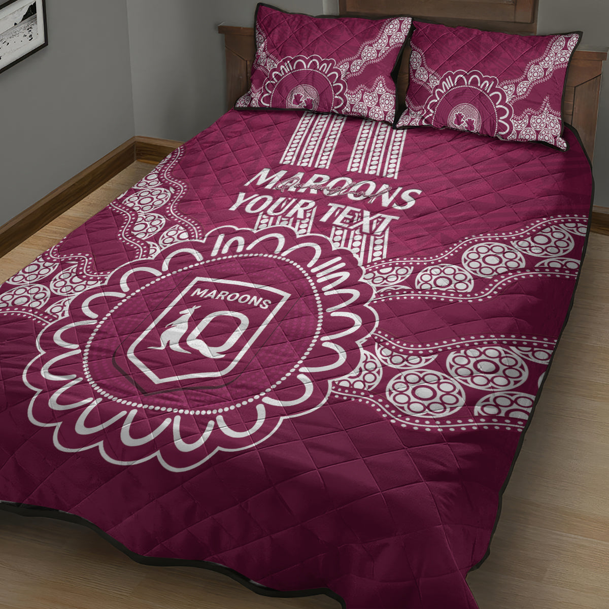 Custom QLD Maroons Rugby Quilt Bed Set Aussie Aboriginal Mix Polynesian Pattern