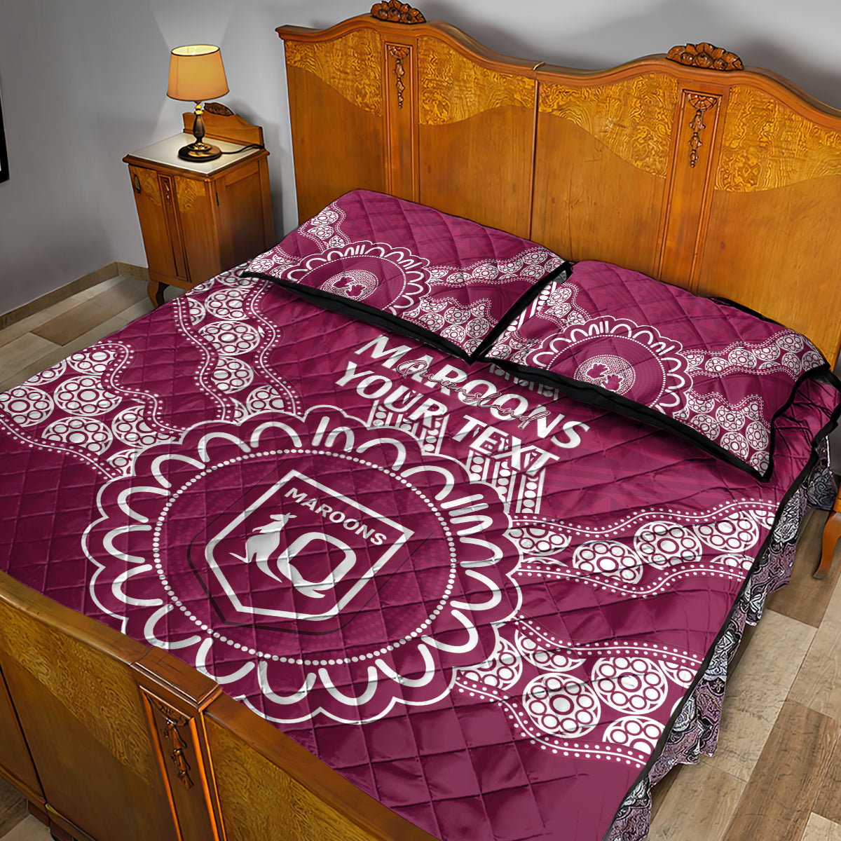 Custom QLD Maroons Rugby Quilt Bed Set Aussie Aboriginal Mix Polynesian Pattern