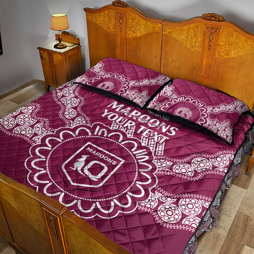 Custom QLD Maroons Rugby Quilt Bed Set Aussie Aboriginal Mix Polynesian Pattern