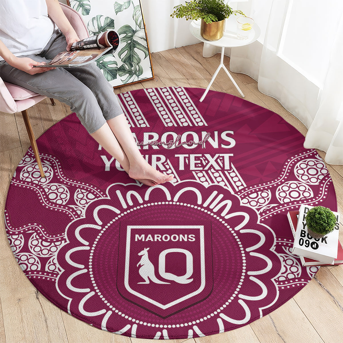 Custom QLD Maroons Rugby Round Carpet Aussie Aboriginal Mix Polynesian Pattern