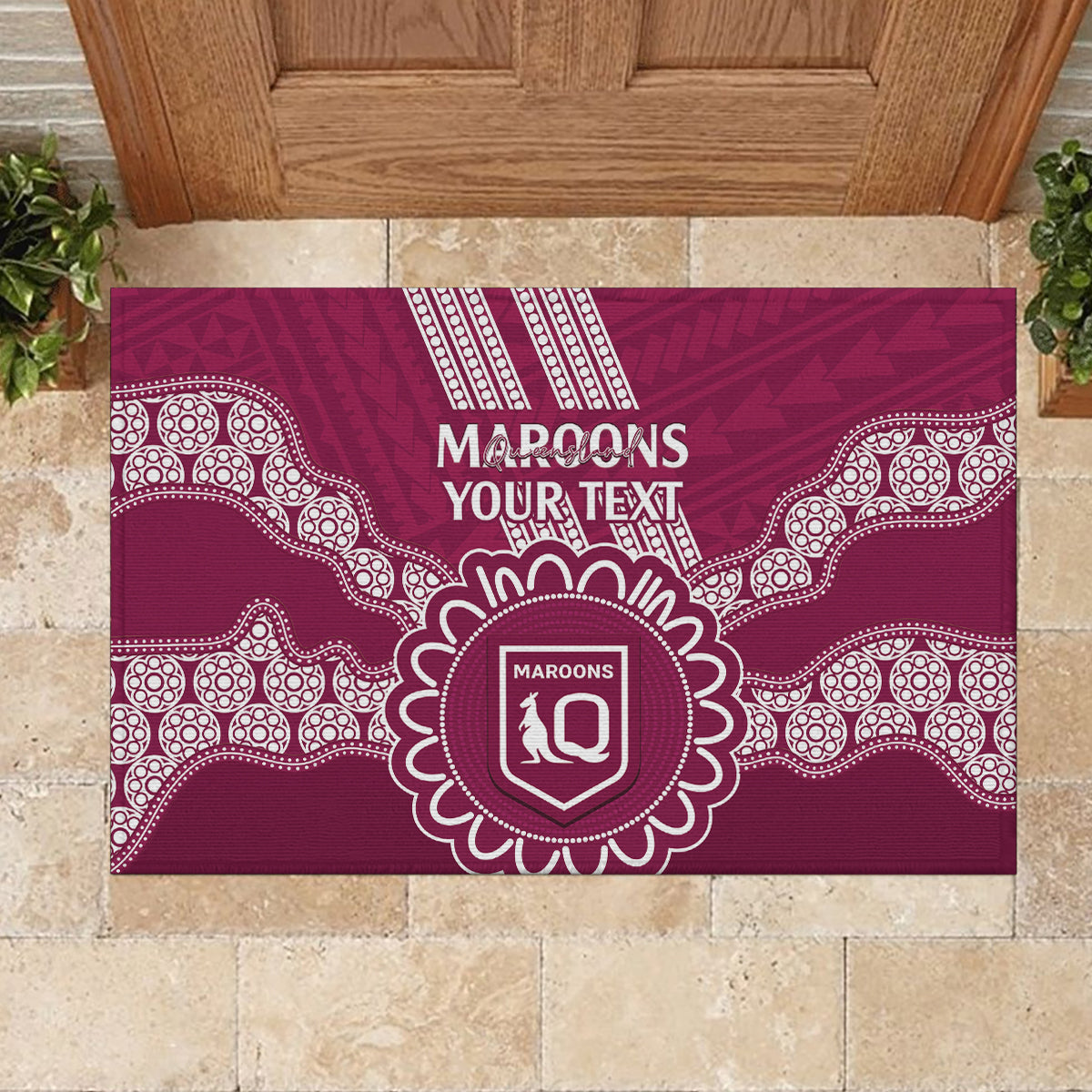 Custom QLD Maroons Rugby Rubber Doormat Aussie Aboriginal Mix Polynesian Pattern