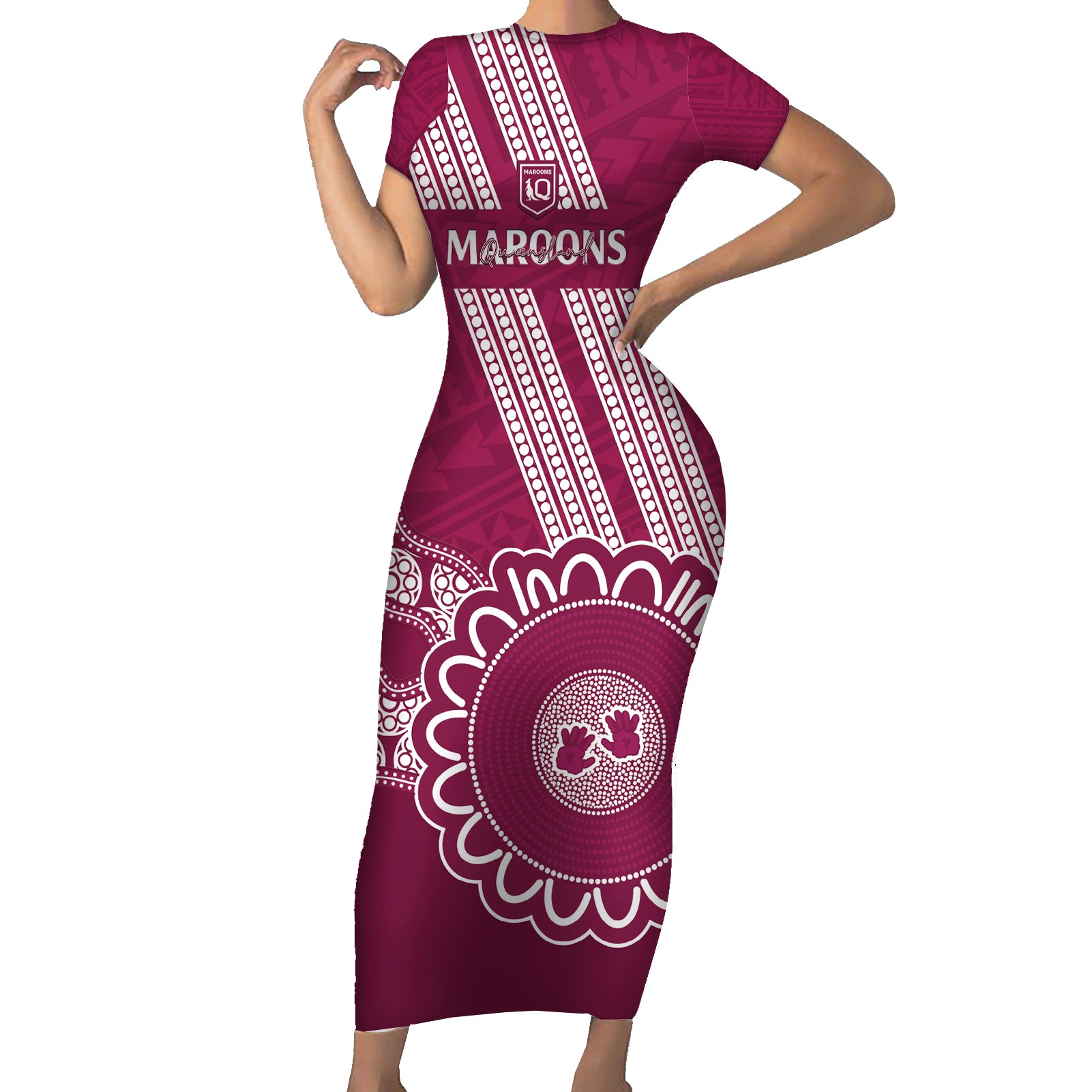 Custom QLD Maroons Rugby Short Sleeve Bodycon Dress Aussie Aboriginal Mix Polynesian Pattern