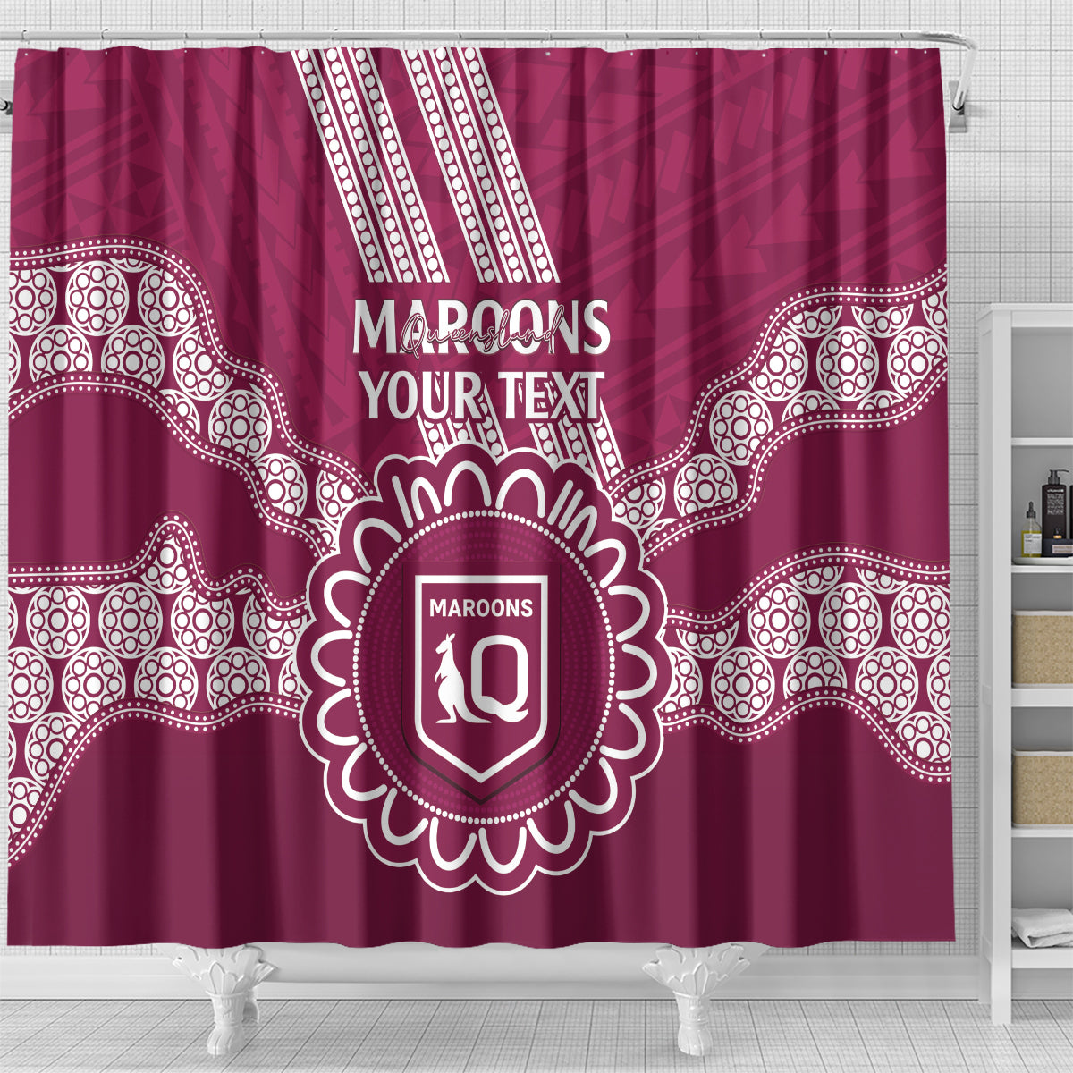 Custom QLD Maroons Rugby Shower Curtain Aussie Aboriginal Mix Polynesian Pattern