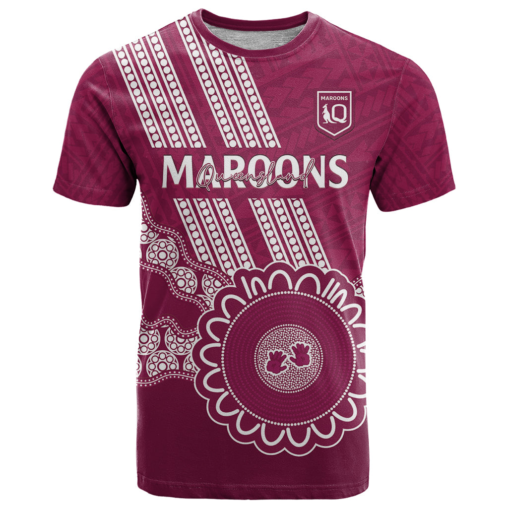 Custom QLD Maroons Rugby T Shirt Aussie Aboriginal Mix Polynesian Pattern