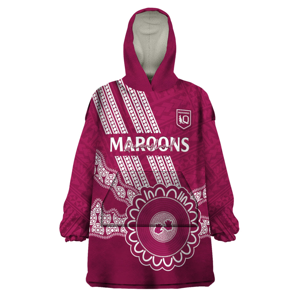 Custom QLD Maroons Rugby Wearable Blanket Hoodie Aussie Aboriginal Mix Polynesian Pattern