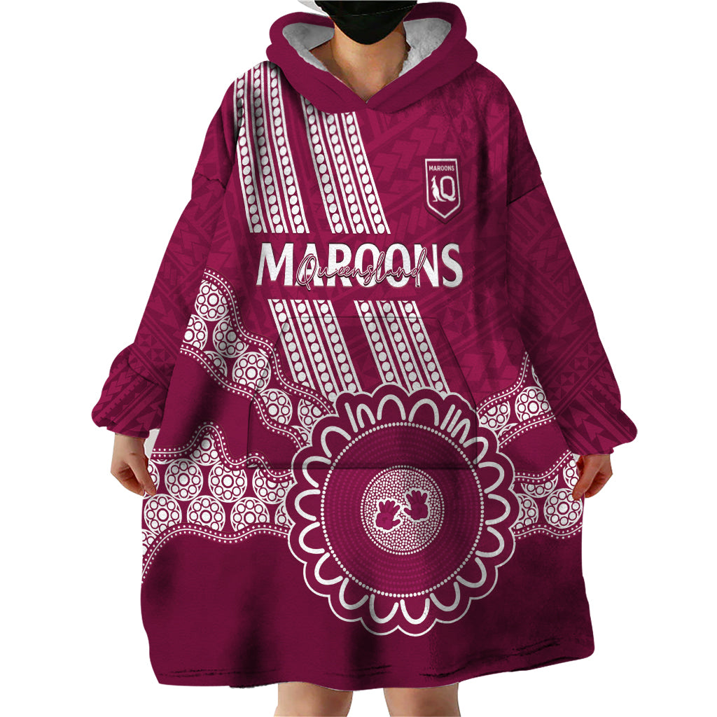 Custom QLD Maroons Rugby Wearable Blanket Hoodie Aussie Aboriginal Mix Polynesian Pattern
