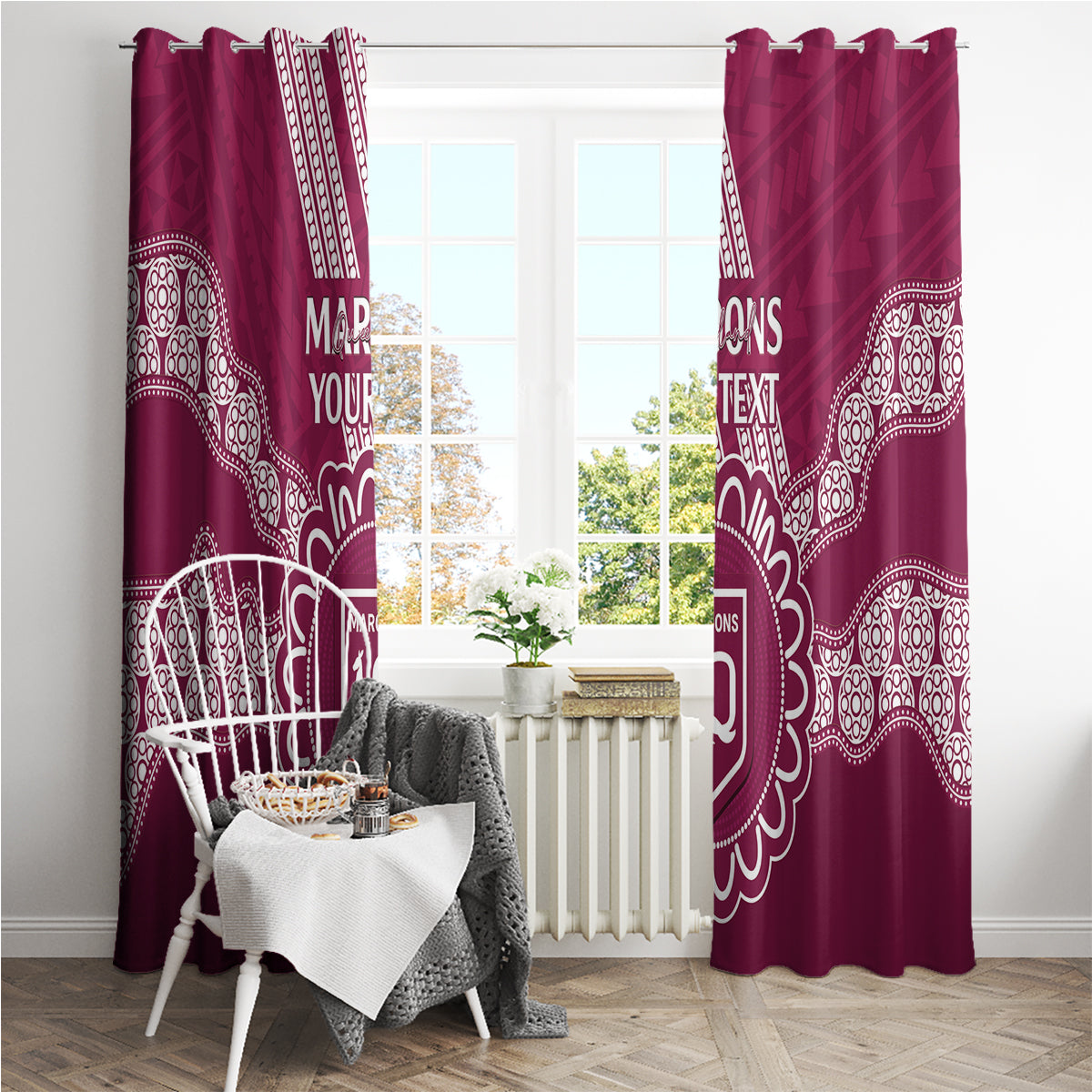 Custom QLD Maroons Rugby Window Curtain Aussie Aboriginal Mix Polynesian Pattern