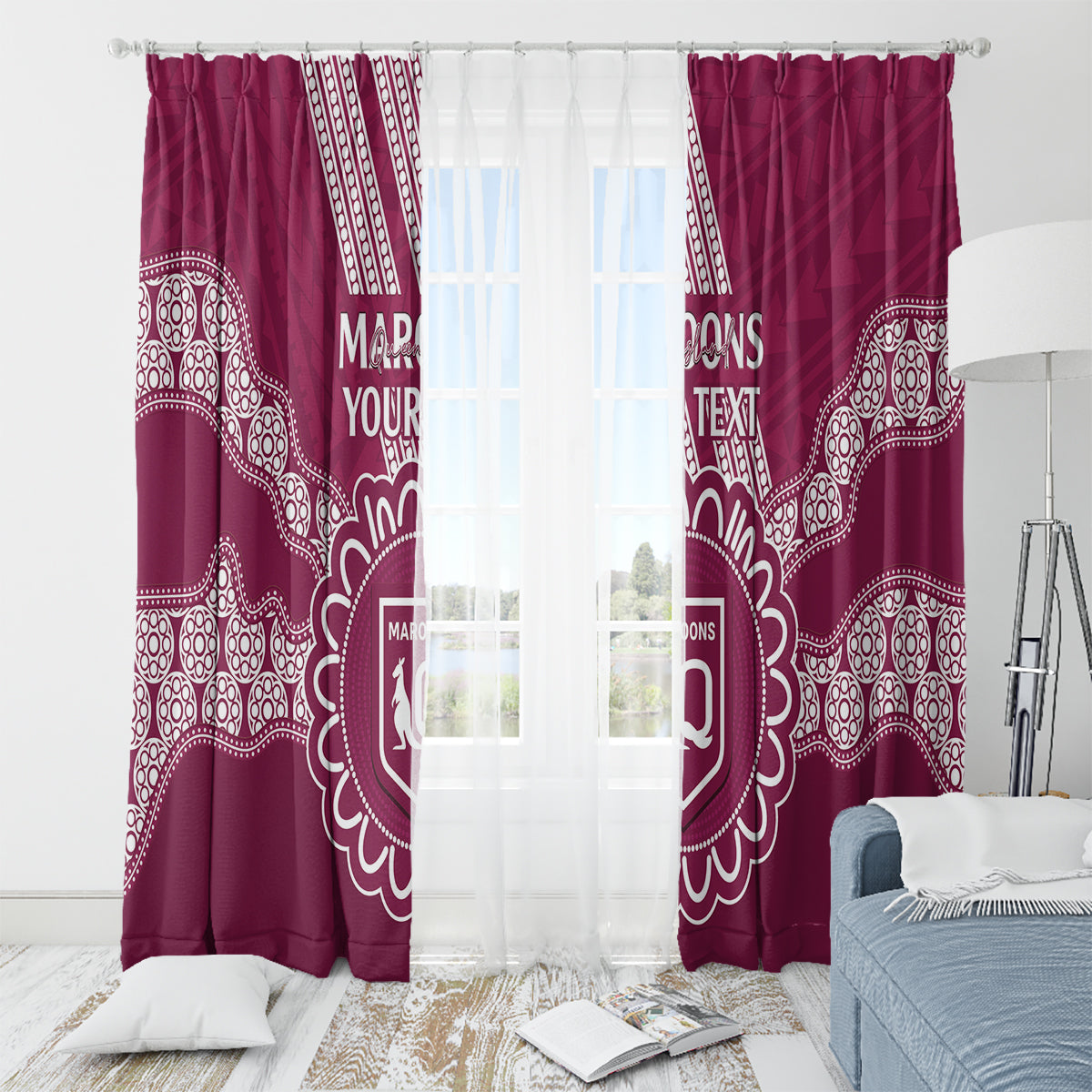 Custom QLD Maroons Rugby Window Curtain Aussie Aboriginal Mix Polynesian Pattern