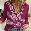 Custom QLD Maroons Rugby Women Casual Shirt Aussie Aboriginal Mix Polynesian Pattern